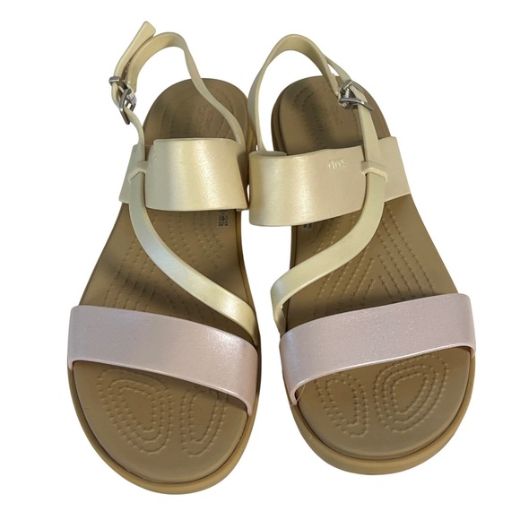 NWT Crocs Tulum Womens Pink Cream Shimmer Slingback Strappy Buckle Sandals 9 - Picture 3 of 6
